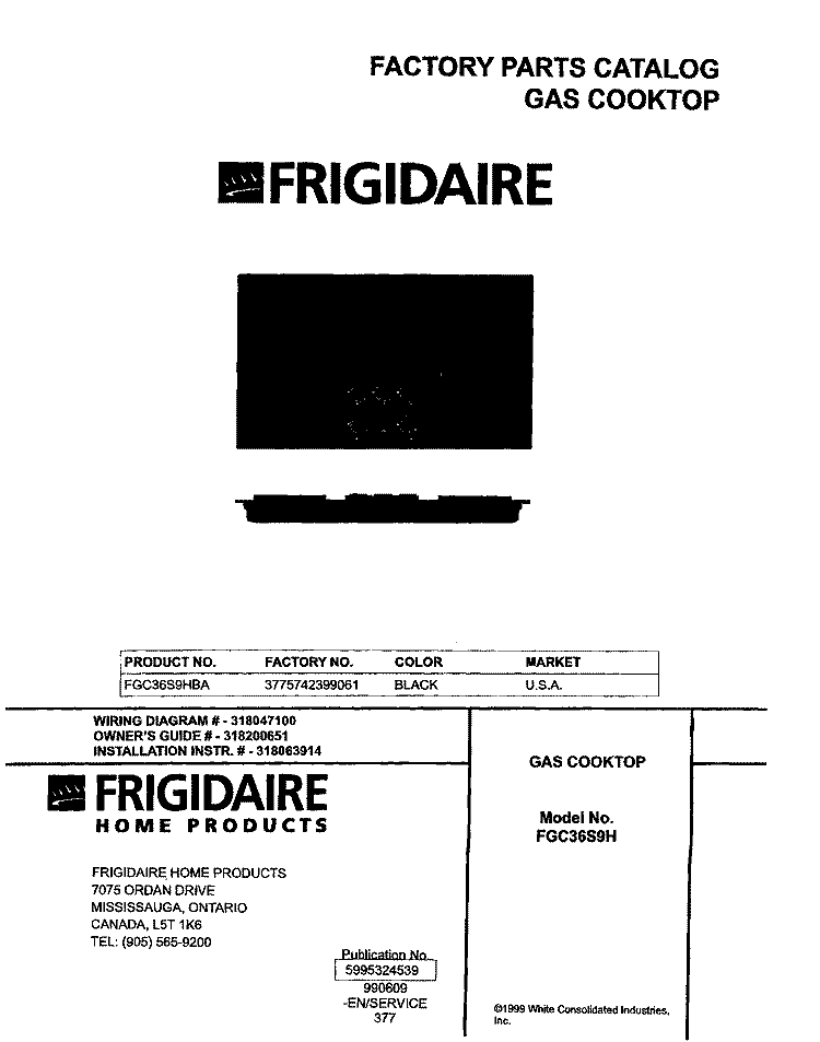 COVER Diagram and Parts List for FGC36S9HBA  Frigidaire Cooktop