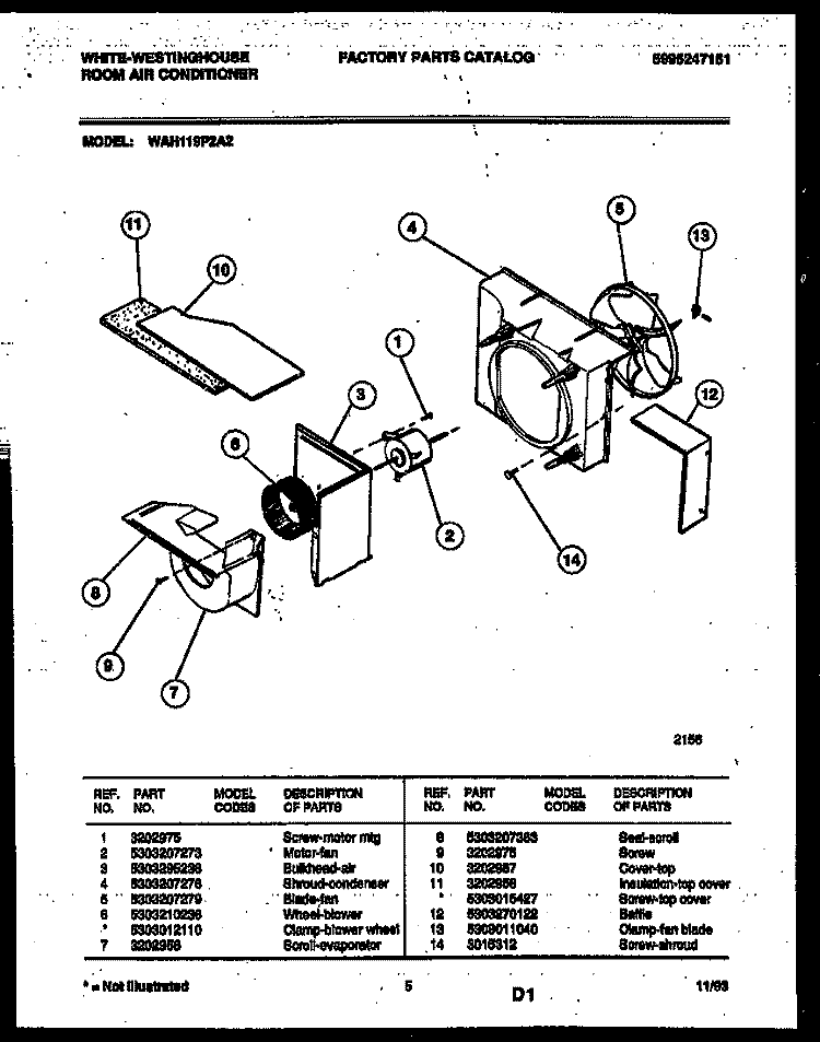 AIR HANDLING PARTS Diagram and Parts List for WAH119P2A2  Frigidaire Air Conditioner