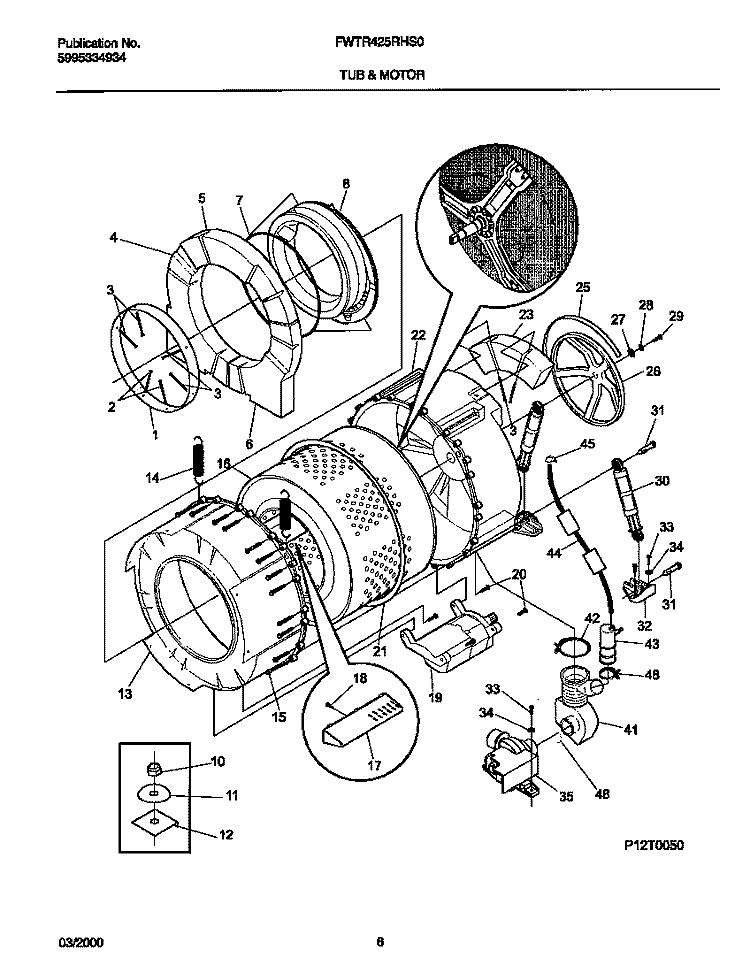 P12T0050 WSHR TUB, MOTOR Diagram and Parts List for FWTR425RHS0  Frigidaire Washer
