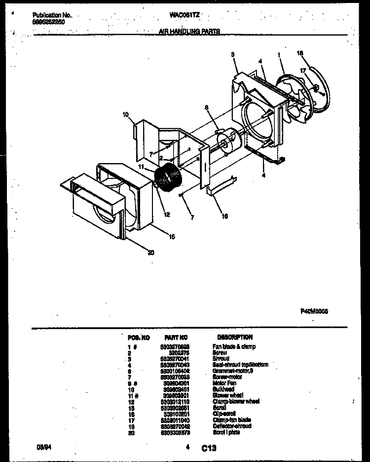 AIR HANDLING PARTS Diagram and Parts List for WAC051T7Z1  Frigidaire Air Conditioner