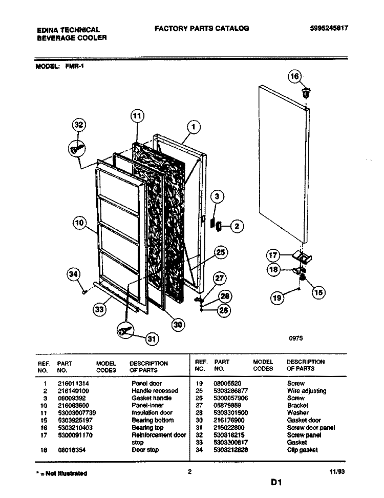 DOOR Diagram and Parts List for FMR-1  Electrolux Wine and Beverage Cooler