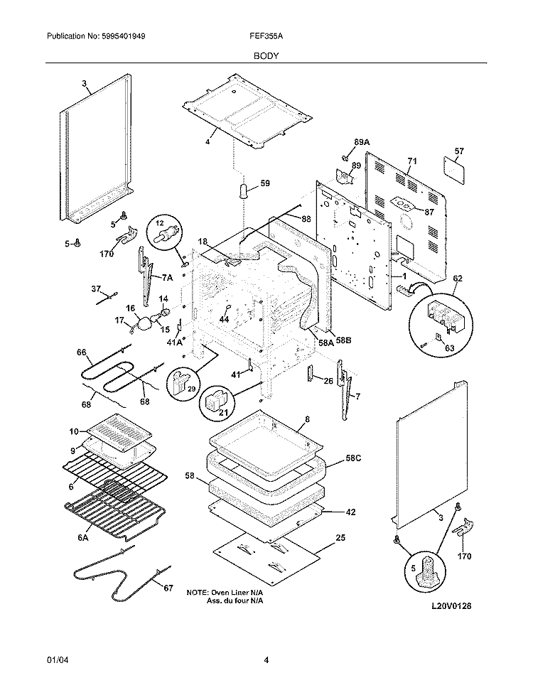 BODY Diagram and Parts List for FEF355AWH  Frigidaire Range