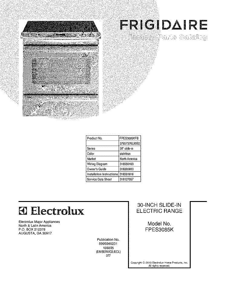 COVER Diagram and Parts List for FPES3085KFB  Frigidaire Range
