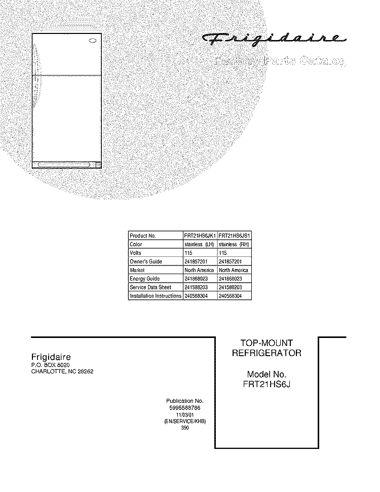 COVER Diagram and Parts List for FRT21HS6JS1  Frigidaire Refrigerator