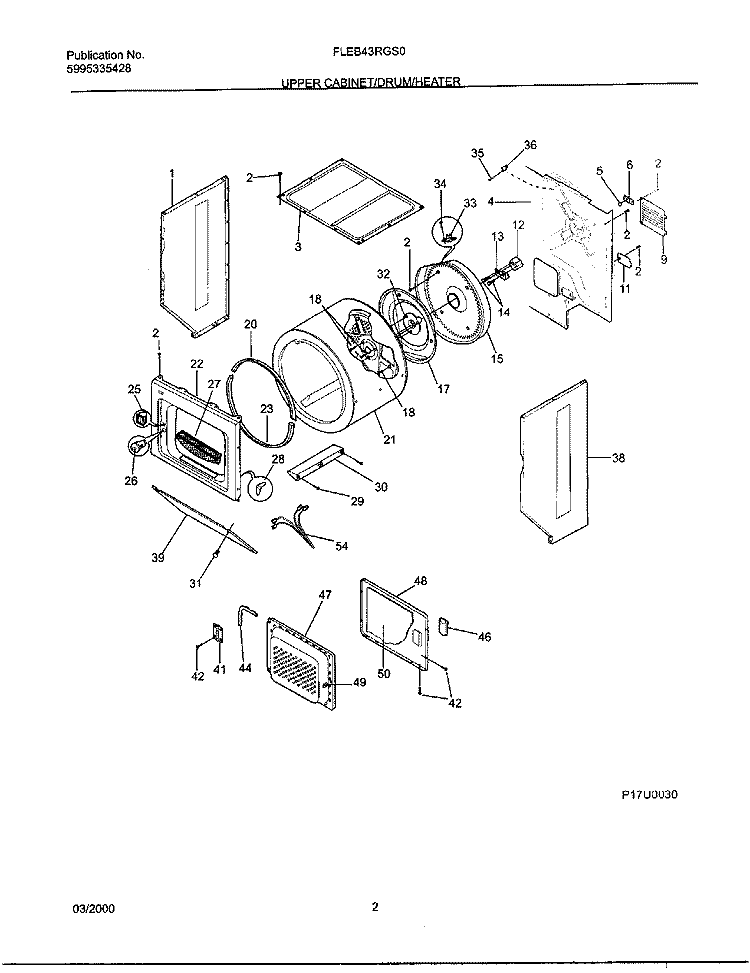 UPPER CAB / DRUM / HEATER Diagram and Parts List for FLEB43RGS0  Frigidaire Washer Dryer Combo