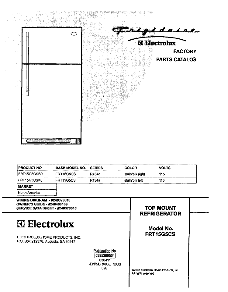 COVER Diagram and Parts List for FRT15G5CSB0  Frigidaire Refrigerator