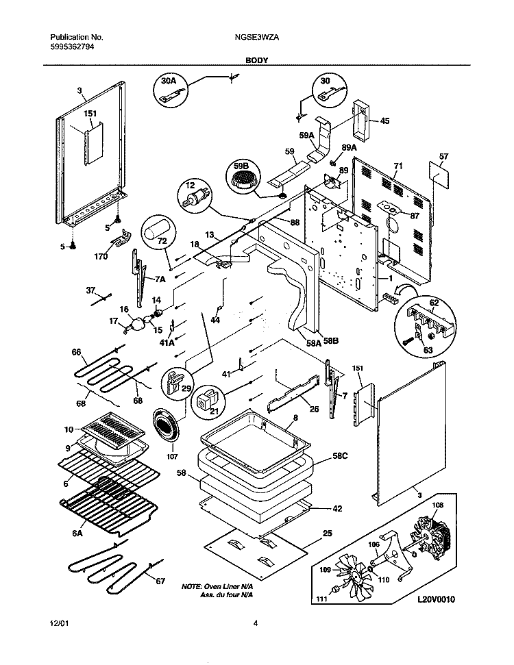BODY Diagram and Parts List for NGSE3WZAQC  Frigidaire Range