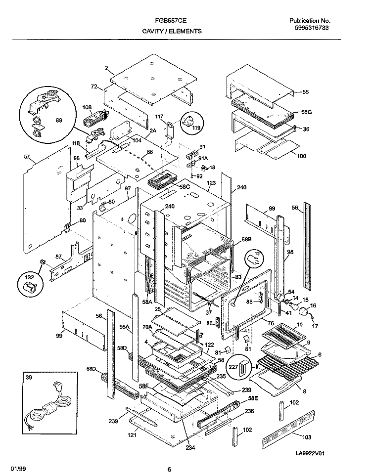 CAVITY / ELEMENTS Diagram and Parts List for FGB557CEBI  Frigidaire Wall Oven