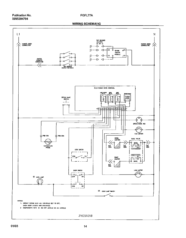 WIRING SCHEMATIC Diagram and Parts List for FGFL77ABE  Frigidaire Range