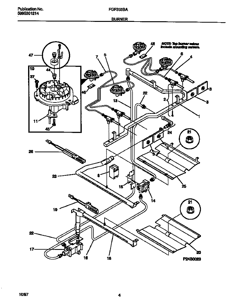 BURNER Diagram and Parts List for FGF353BADJ  Frigidaire Range