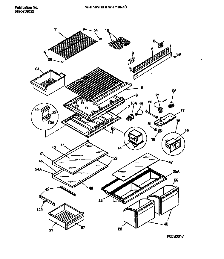 SHELVES, CONTROLS, DIVIDER, MULLION Diagram and Parts List for WRT19NZBW2  Frigidaire Refrigerator
