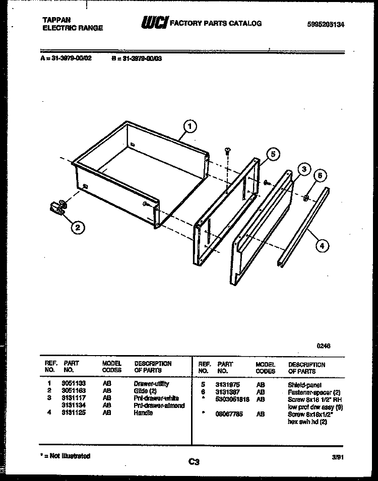 DRAWER PARTS Diagram and Parts List for 31-3979-23-02  Tappan Range