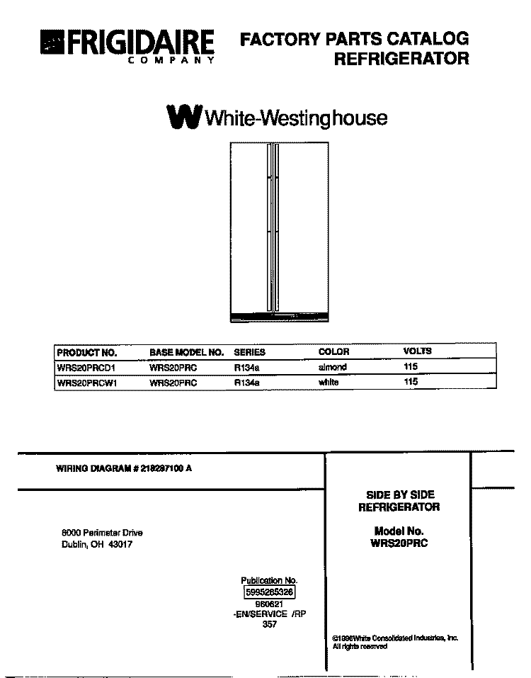 COVER Diagram and Parts List for WRS20PRCD1  Frigidaire Refrigerator