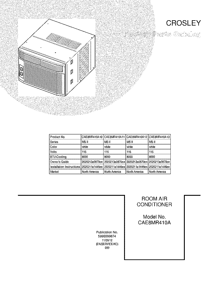 COVER Diagram and Parts List for CAE8MR410A11  Crosley Air Conditioner