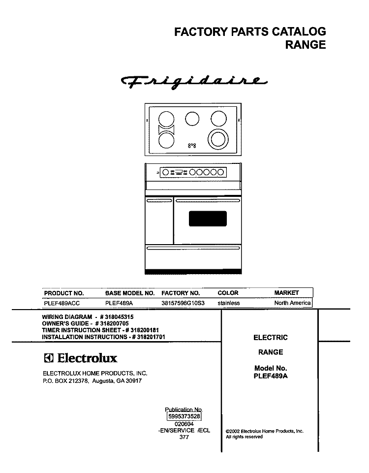 COVER Diagram and Parts List for PLEF489ACC  Frigidaire Range