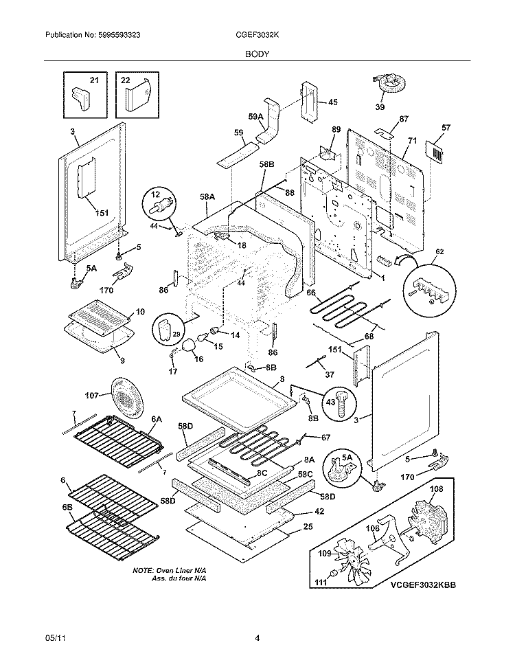 BODY Diagram and Parts List for CGEF3032KWC  Frigidaire Range