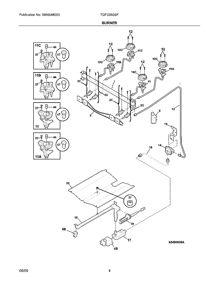 BURNER Diagram and Parts List for TGF328GSF  Tappan Range