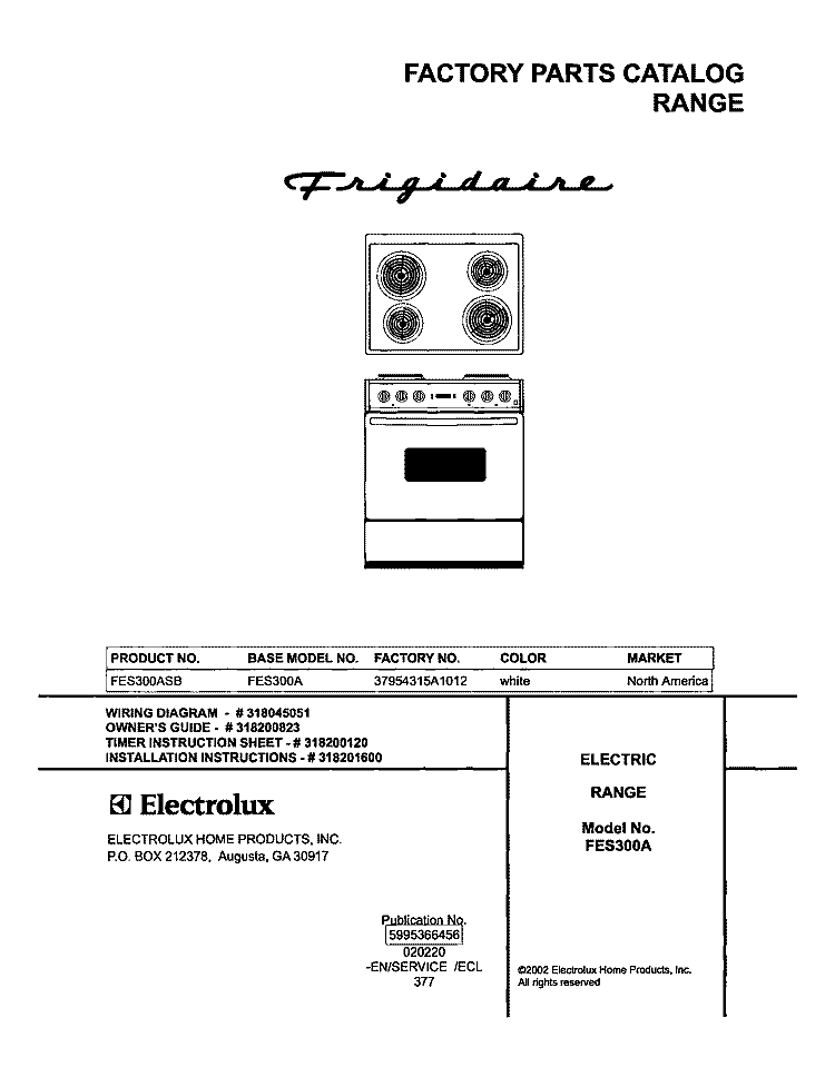 COVER Diagram and Parts List for FES300ASB  Frigidaire Range