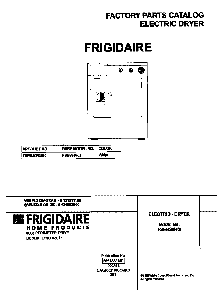 COVER Diagram and Parts List for FSEB39RGS0  Frigidaire Dryer