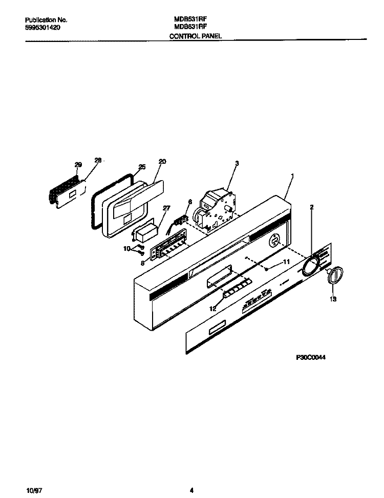 CONTROL PANEL Diagram and Parts List for MDB631RFR3  Frigidaire Dishwasher