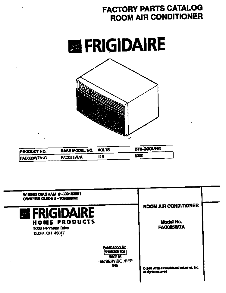 COVER Diagram and Parts List for FAC083W7A1C  Frigidaire Air Conditioner