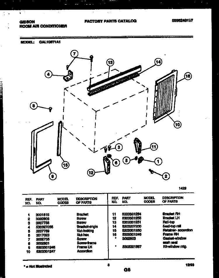 CABINET AND INSTALLATION PARTS Diagram and Parts List for GAL108T1A1  Gibson Air Conditioner