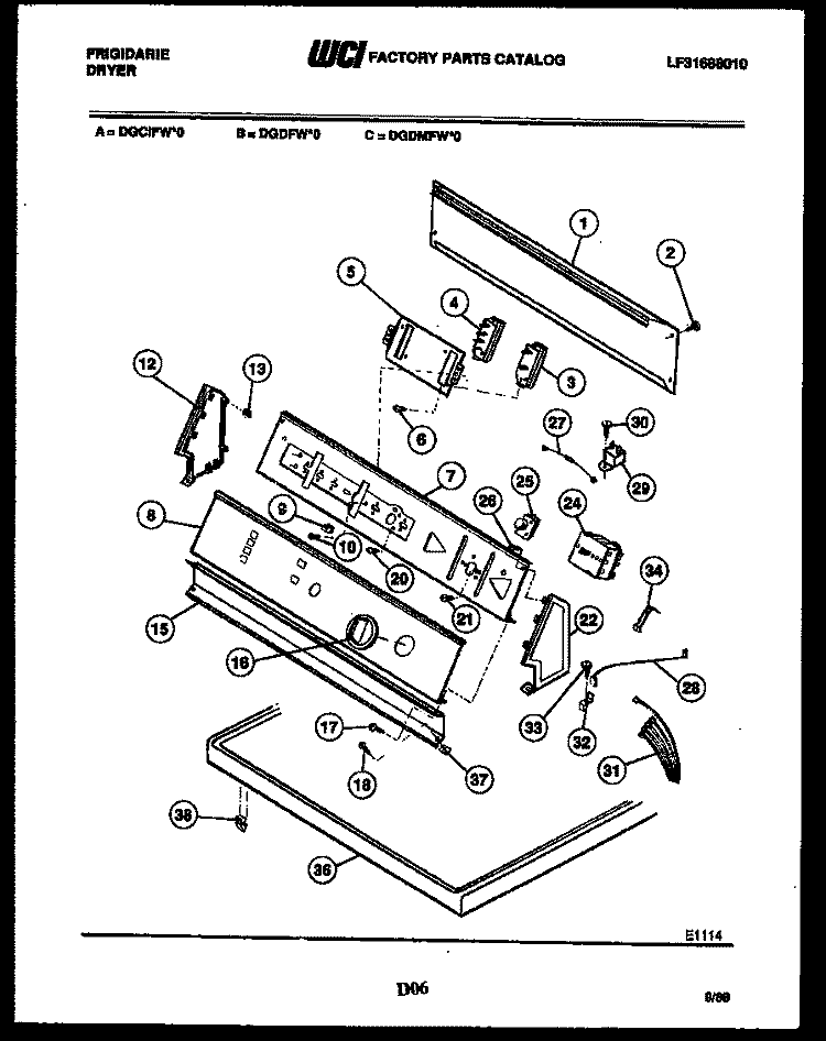 CONSOLE AND CONTROL PARTS Diagram and Parts List for DGDFW0  Frigidaire Dryer