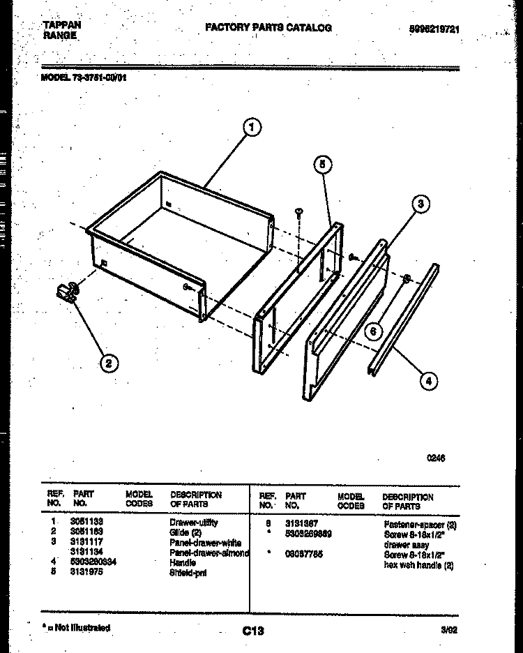DRAWER PARTS Diagram and Parts List for 73-3751-66-01  Tappan Range