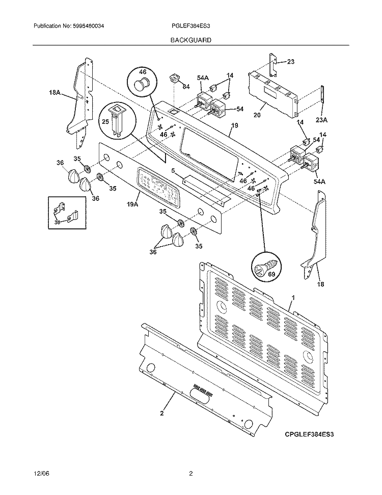 BACKGUARD Diagram and Parts List for PGLEF384ES3  Frigidaire Range
