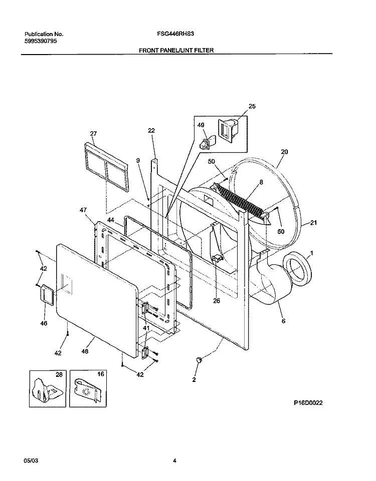 FRONT Diagram and Parts List for FSG446RHS3  Frigidaire Dryer