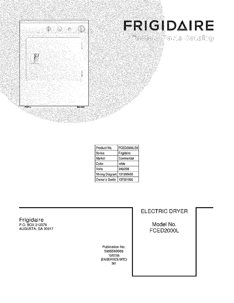 COVER Diagram and Parts List for FCED2000LS0  Frigidaire Dryer
