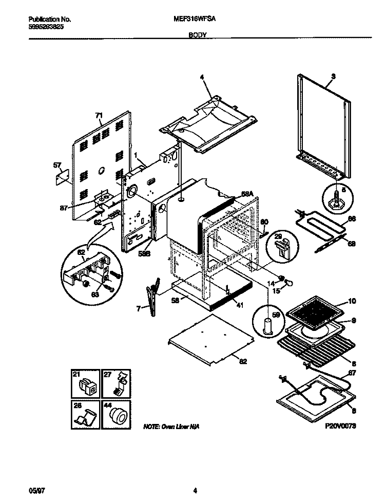 BODY Diagram and Parts List for MEF316WFSA  Frigidaire Range