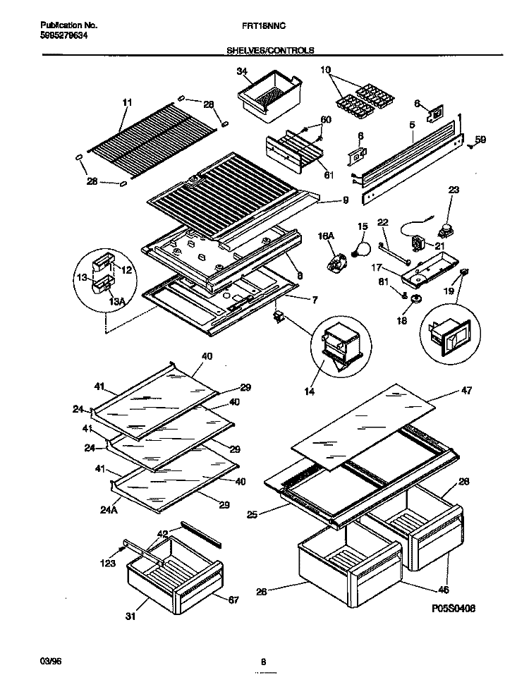 SHELVES / CONTROLS Diagram and Parts List for FRT18NNCW1  Frigidaire Refrigerator