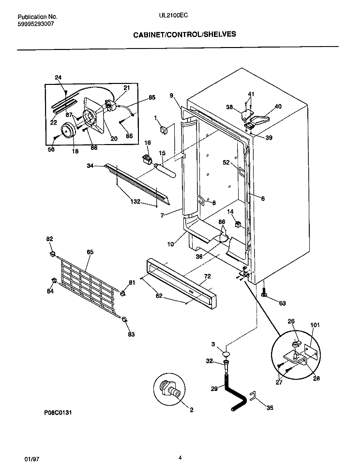 CABINET / CONTROL / SHELVES Diagram and Parts List for UL2100ECW0  Electrolux Freezer