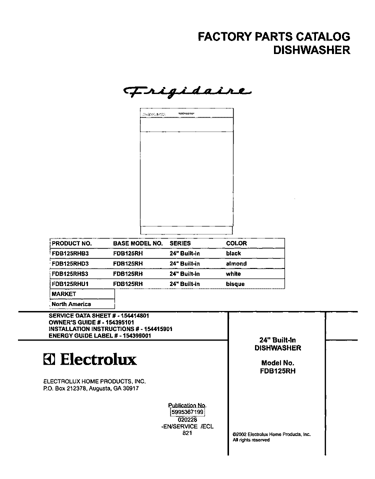 COVER Diagram and Parts List for FDB125RHD3  Frigidaire Dishwasher