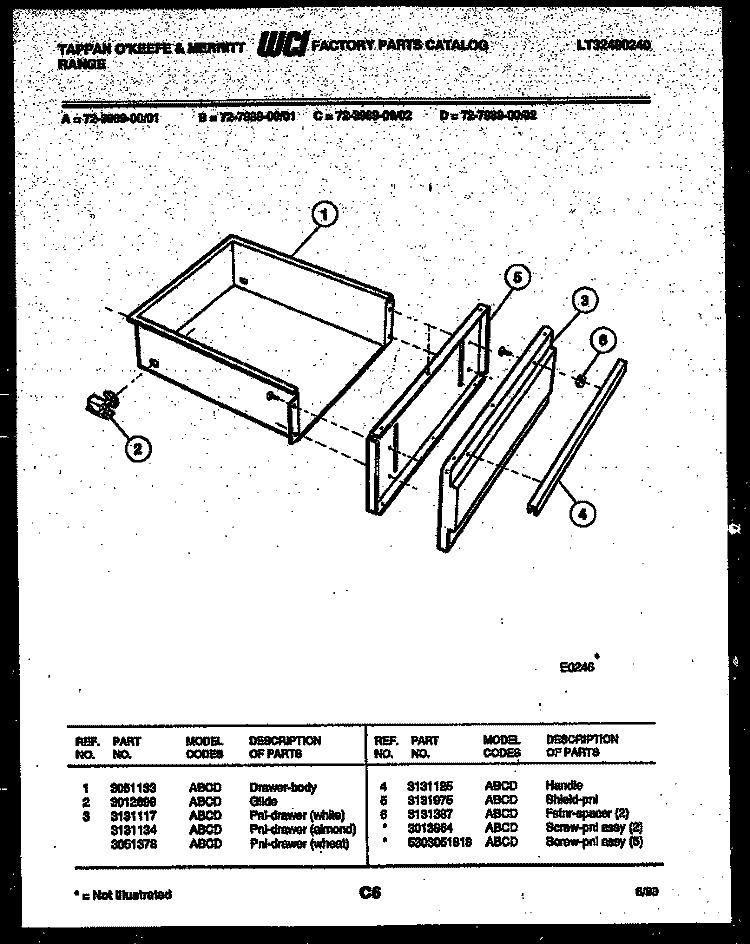 DRAWER PARTS Diagram and Parts List for 72-3989-00-01  Tappan Range