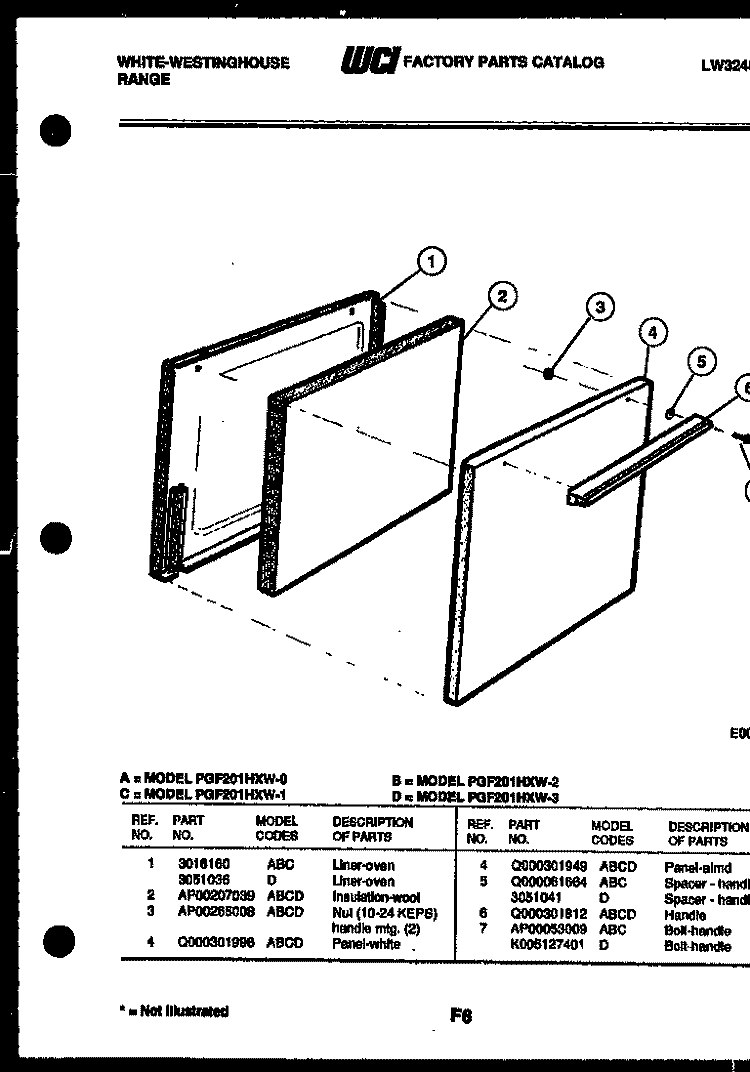 DOOR PARTS Diagram and Parts List for GF201HXW4  Frigidaire Range
