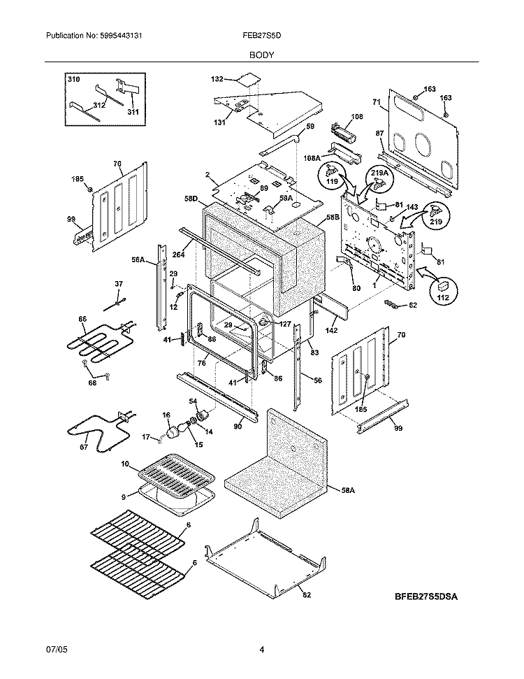 BODY Diagram and Parts List for FEB27S5DBB  Frigidaire Wall Oven