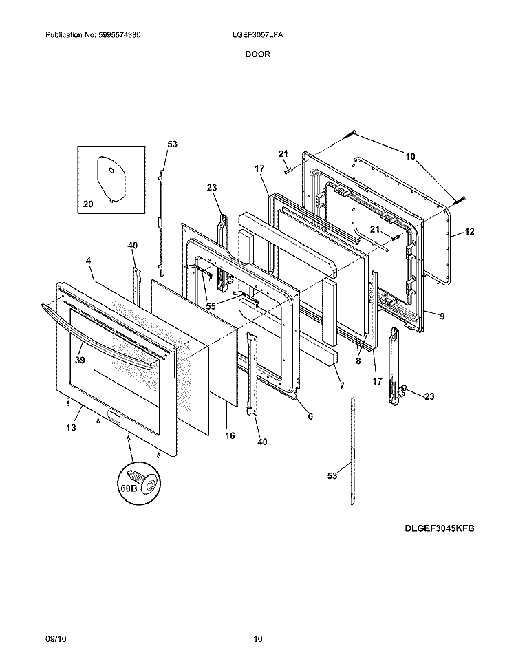 DOOR Diagram and Parts List for LGEF3057LFA  Frigidaire Range
