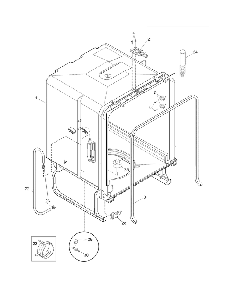 Tub Diagram and Parts List for FDB520RHC1B  Frigidaire Dishwasher