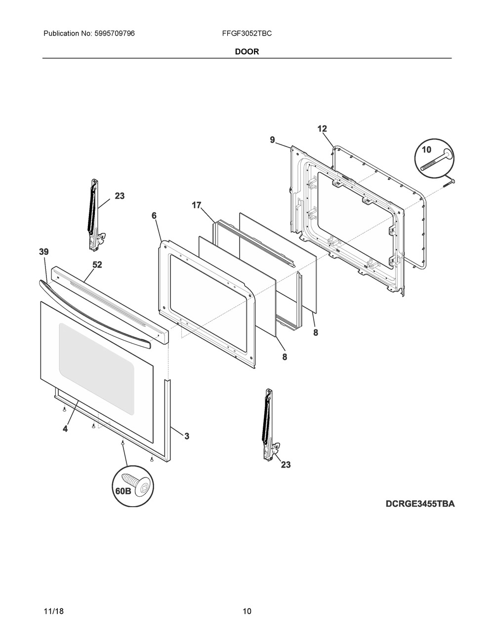 Door Diagram and Parts List for FFGF3052TBC  Frigidaire Range
