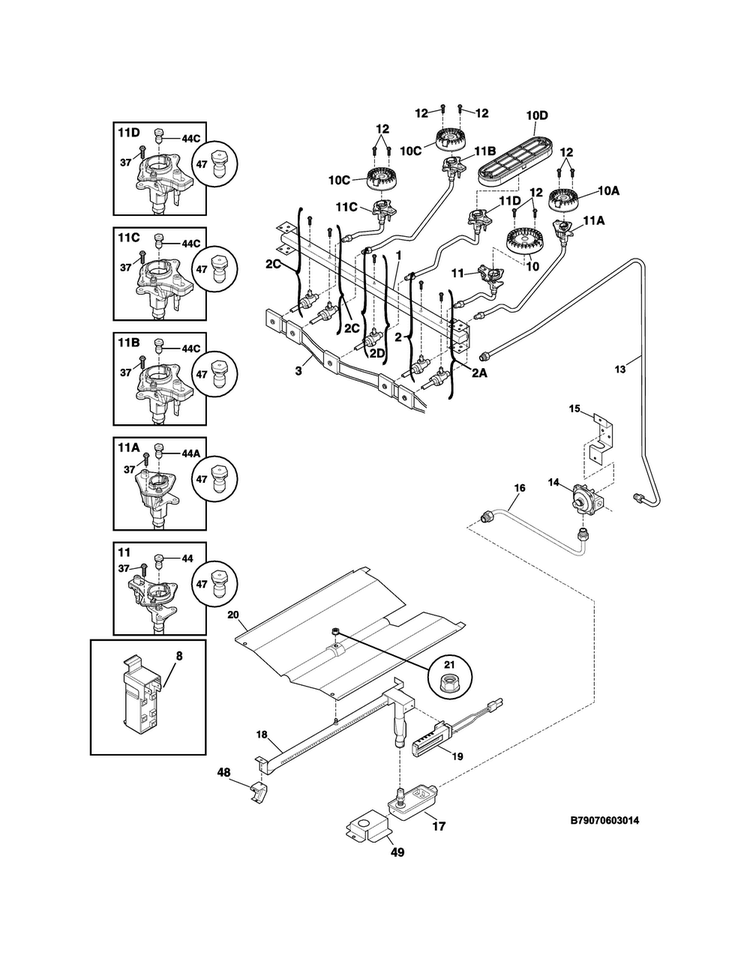 Burner Diagram and Parts List for FFGF3049LSH  Frigidaire Range