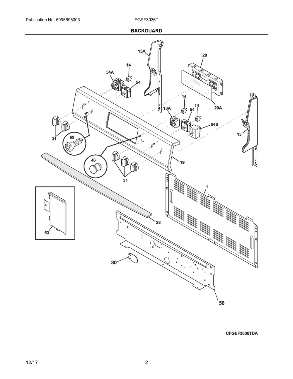 Backguard Diagram and Parts List for FGEF3036TWB  Frigidaire Range