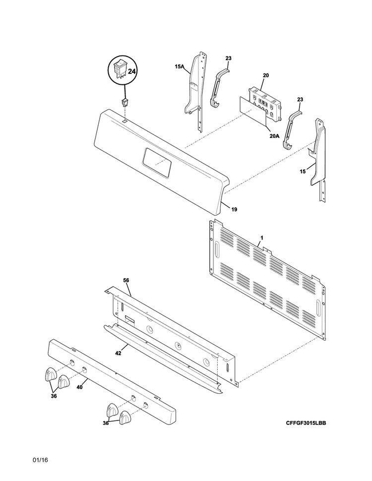 Backguard Diagram and Parts List for FFLF3017LWD  Frigidaire Range
