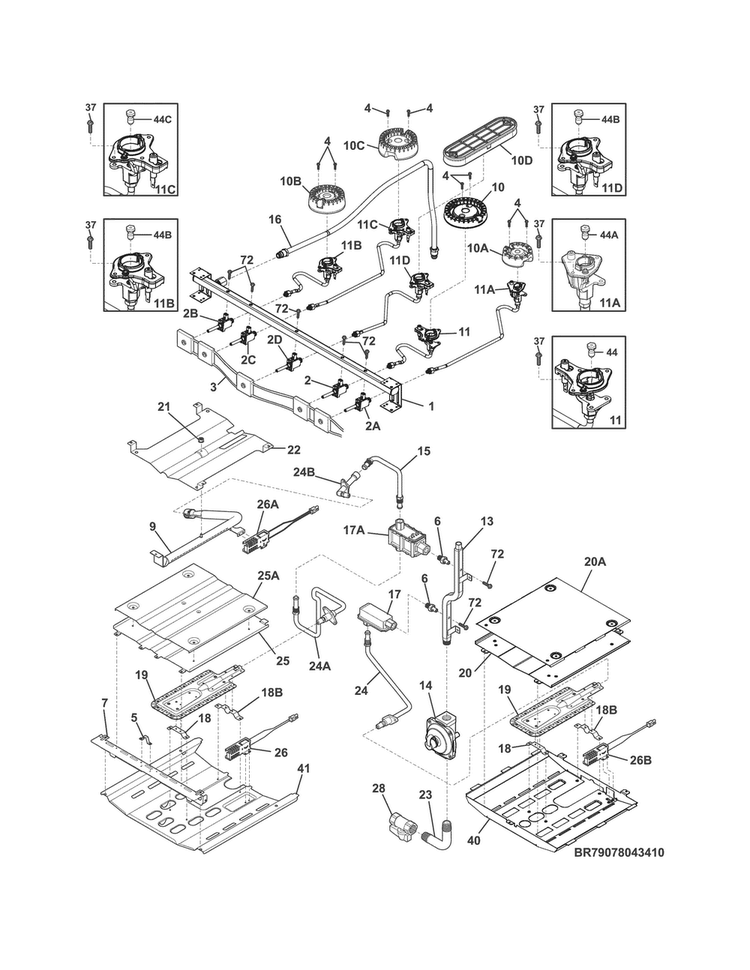 Burner Diagram and Parts List for FGGF304DPFC  Frigidaire Range