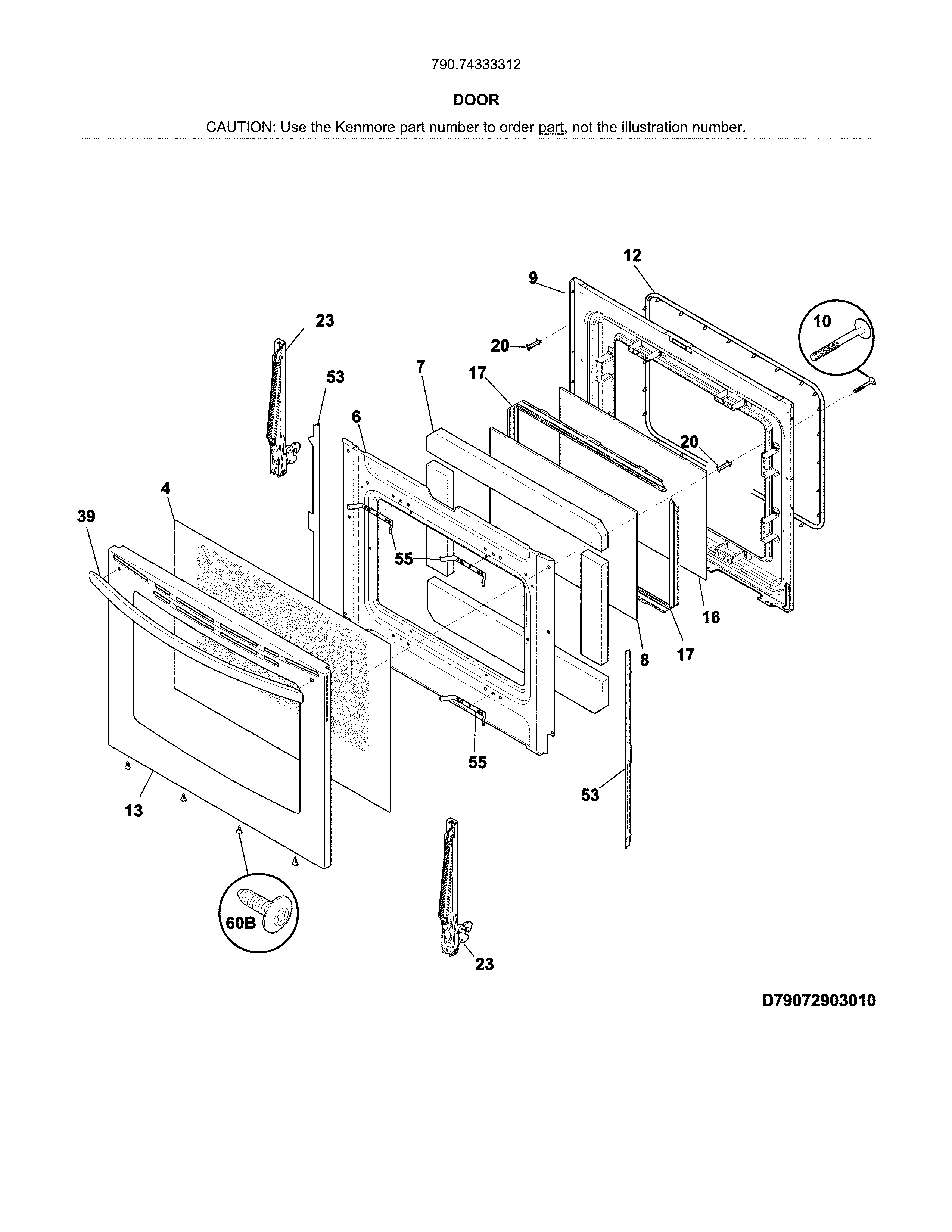 Door Diagram and Parts List for 79074333312  Kenmore Range