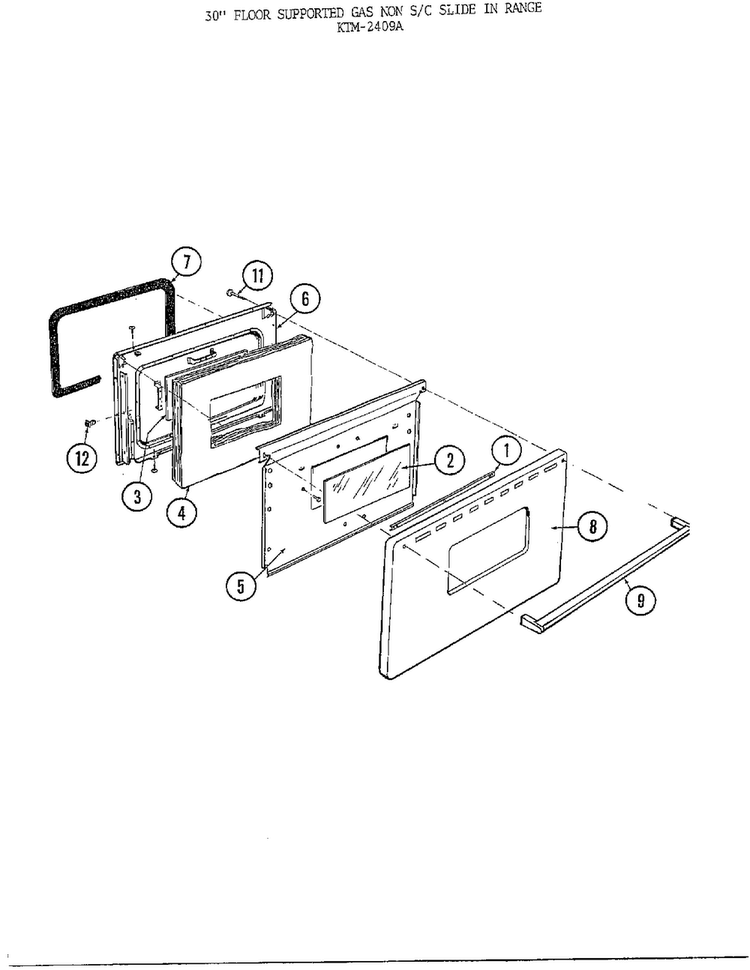 30" Floor/oven Door Diagram and Parts List for 2409A  Frigidaire Range