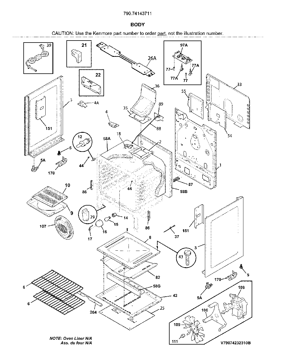 Body Diagram and Parts List for 79074143711  Kenmore Range