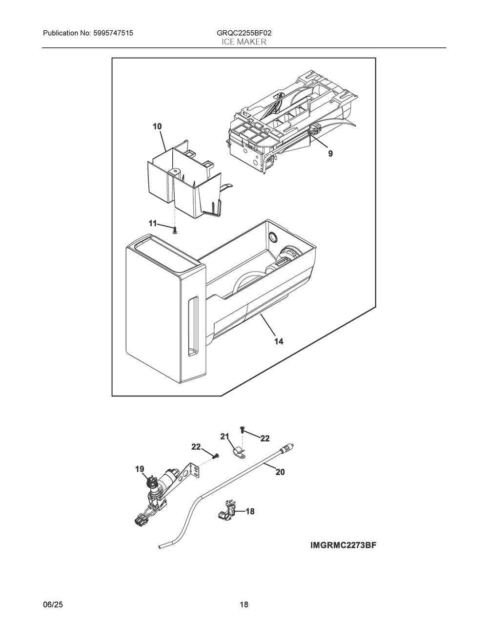Ice Maker Diagram and Parts List for GRQC2255BF02  Frigidaire Refrigerator