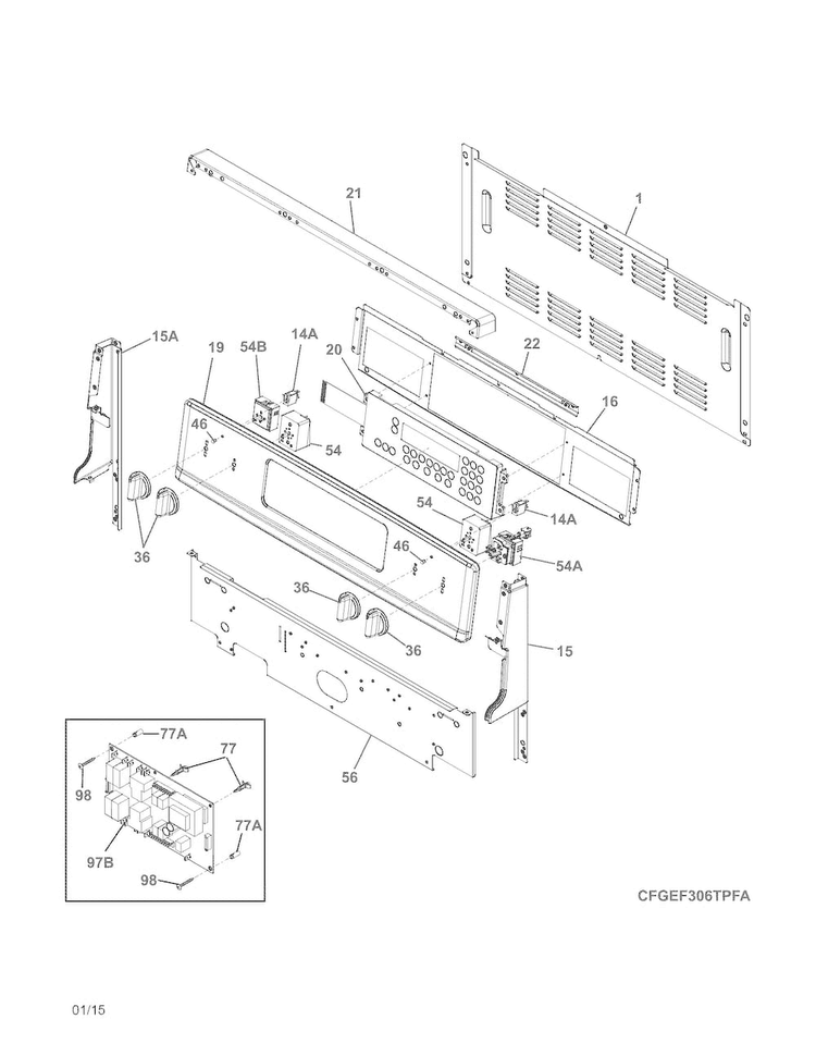 Backguard Diagram and Parts List for FGEF306TPFA  Frigidaire Range